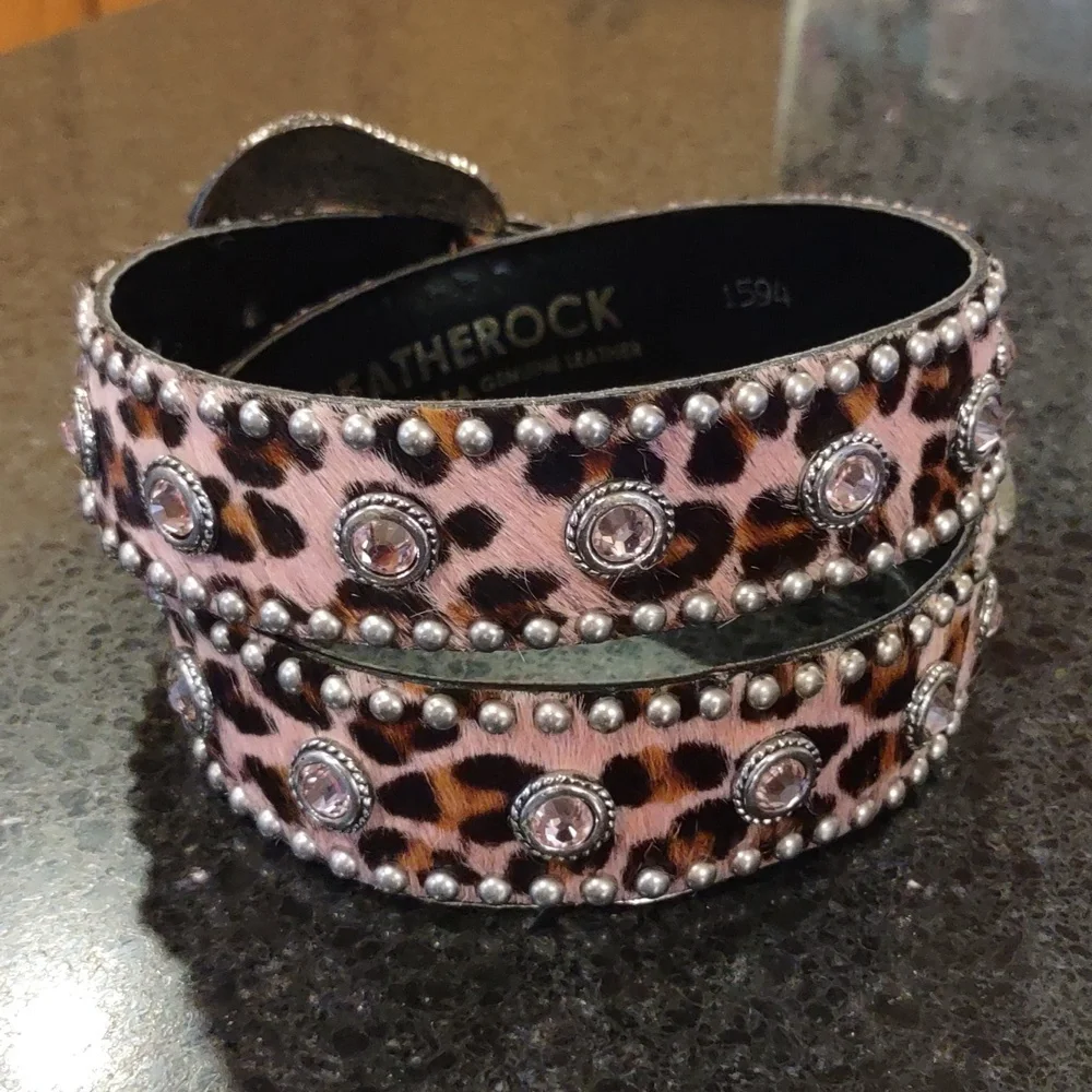 LEATHERROCK | Pink 🩷 Leopard Calf Hair Rhinestone Embellished Cowgirl Belt